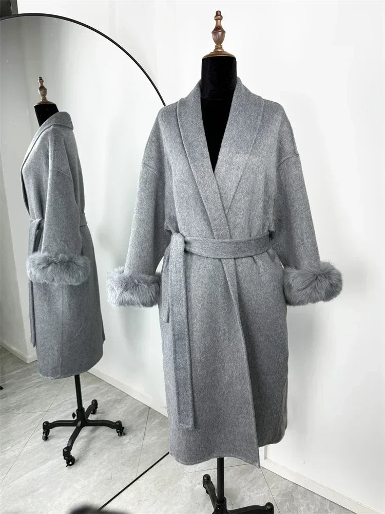 Retro Faux Fur Patchwork Woolen Maxi Coat Women Solid Full Sleeves V-neck Lace Up Loose Coats Lady Winter Commute Outwear New