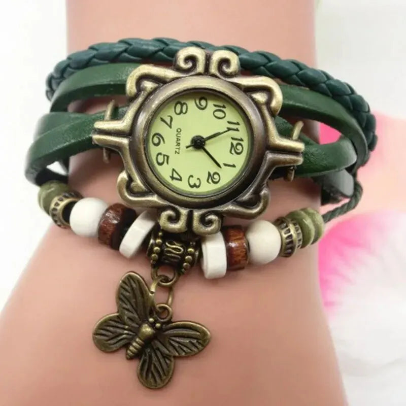 Fashion Retro Leather Strap Butterfly Pendant Women Bracelet Watch