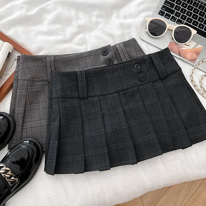 Women Khaki A-line Plaid Pleated Skirt Vintage Fashion Y2K Gyaru Skirt High Waist Preppy Style Retro Midi Skirt for Women Summer