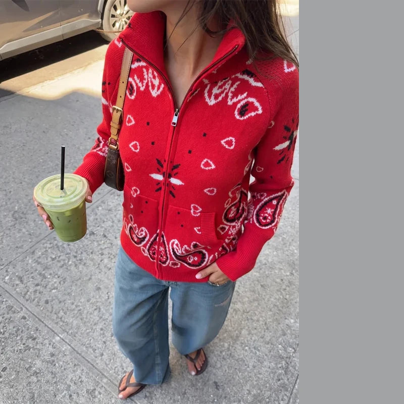 Casual Women's Jacquard Knit Cardigan Loose Stand Collar Zipper Long Sleeve Pockets Sweater 2026 Autumn Lady Vintage Sweaters