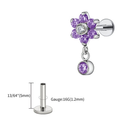 Right Grand ASTM F136 Titanium 16G Flower CZ Drop Dangle Flat Earring Tragus Helix Lobe Stud Piercing Jewelry