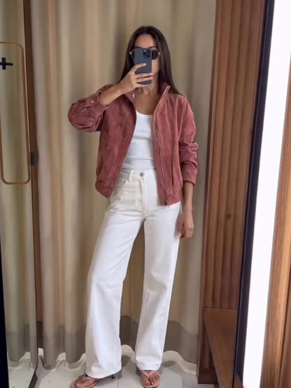 Women Dusty Faux Suede Bomber Jacket Stand Collar Zip Up Loose Drop Shoulder Elastic Hem Casual Fall Outerwear 2026 Fashion Coat