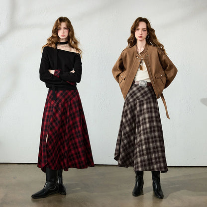 TOYOUTH Womens Midi Skirt 2026 Autumn New Brushed Plaid Irregular Nomadic Style Mid Length Skirt