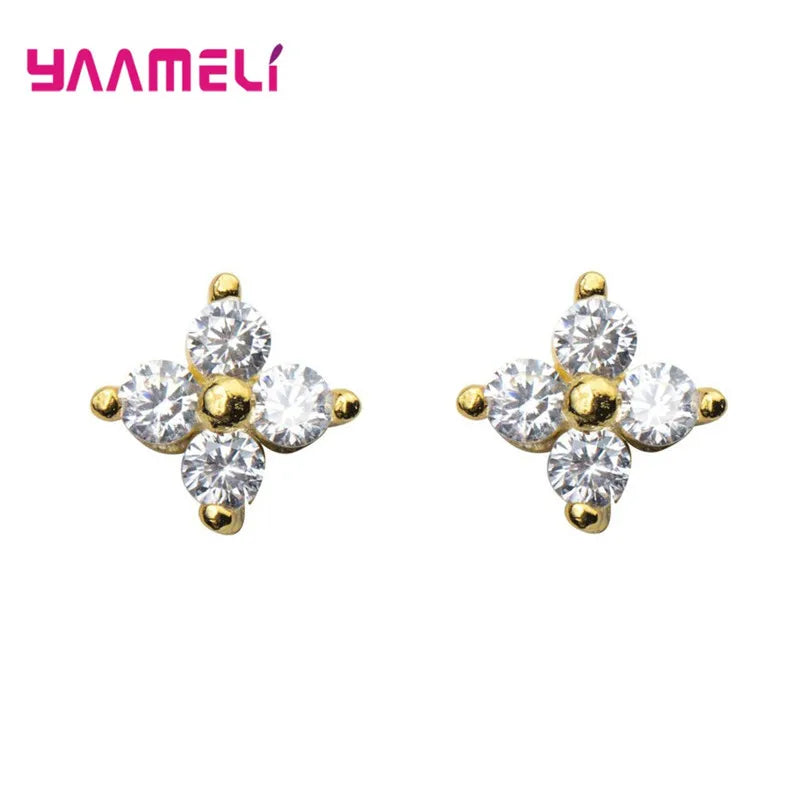 100% Real 925 Sterling Silver Color Clover Stud Earrings Bright Zircon Earrings For Women Girl Fashion Trendy Jewelry