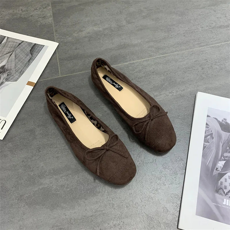 2025 Soft Sole Leopard Shoes Woman Bowtie Flock Ballet Flats Barefoot Loafers Ladies Daily Mocassines Slip On Dress Office Shoes