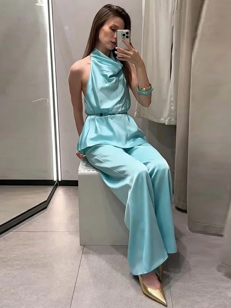 Solid Satin Halter Draped Collar Jumpsuit Backless Sleeveless Loose Top Wide Leg Pants 2026 Summer Autumn Fashion Women Outfits