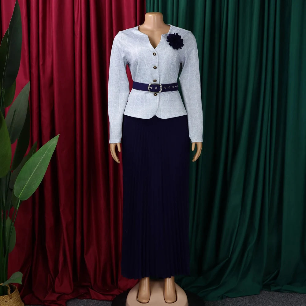 JENYAGE Women 2 Piece Plaid Long Sleeve Jacket & Pleated Midi Skirt Set Elegant Formal Church Business Party Matching Suit