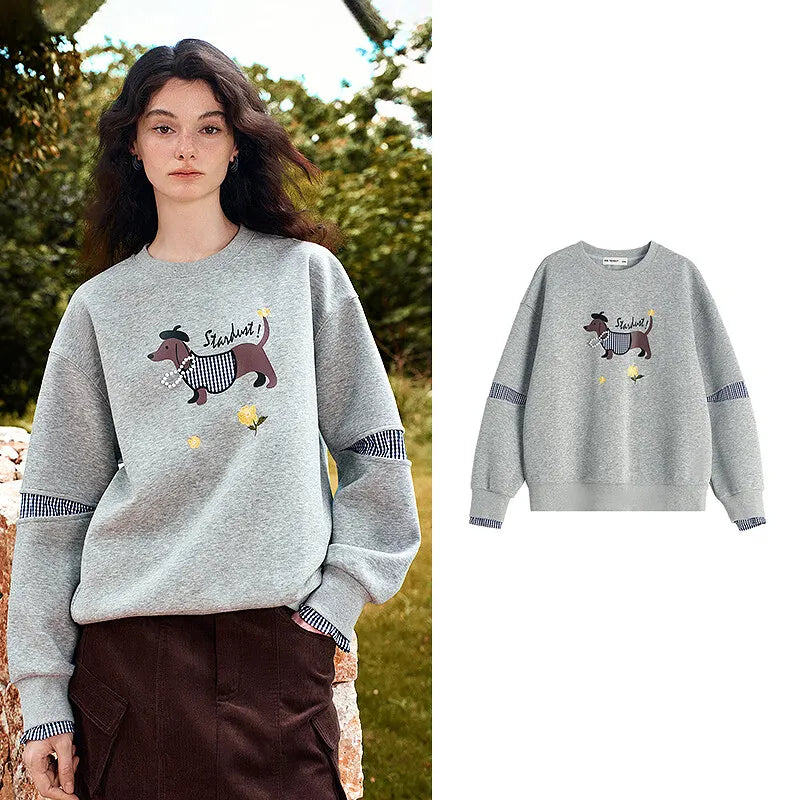 TOYOUTH Women's Sweatshirt 2026 Autumn New Loose Deconstructed Faux Two-Piece Plaid Dachshund Print Vintage Pullover Top