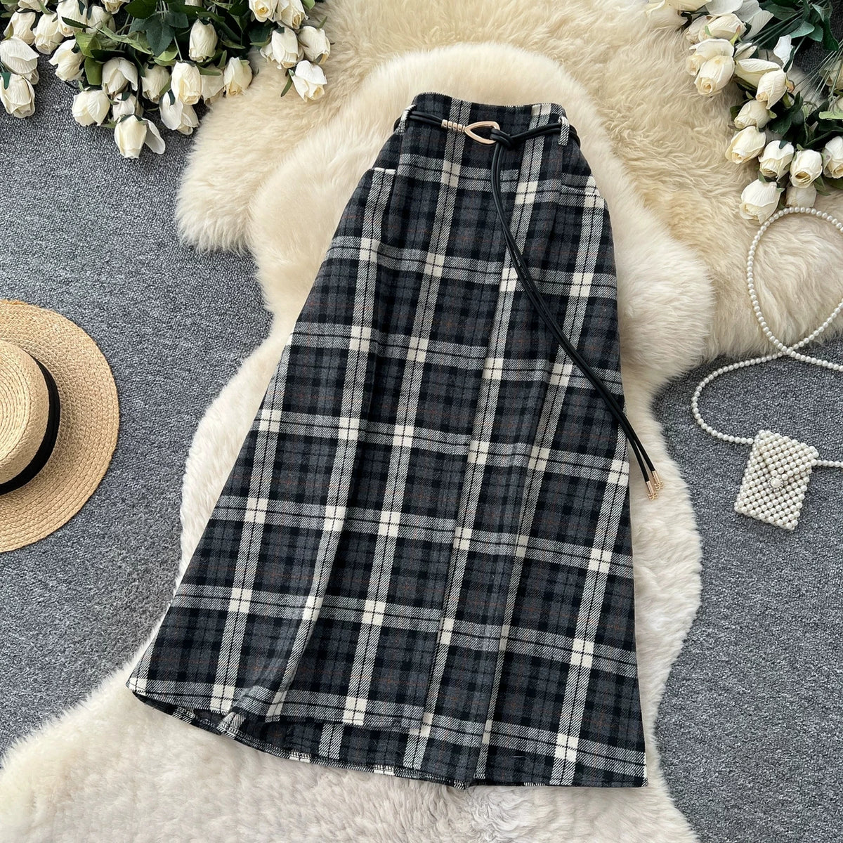 Women's Plaid A-Line Skirt with Waist Detail