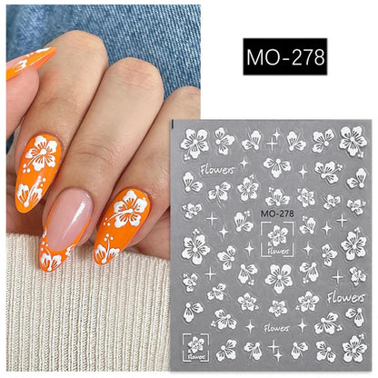 5D Embossed Nail Art Decals Elegant Petals Florals Daisy Flowers Leaves Adhesive Sliders Stickers For Manicure Tips Decoration