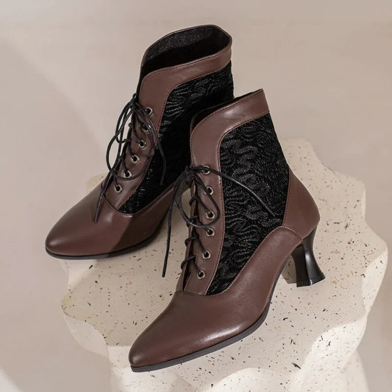 Women Victorian Ankle Boots Leather Lace Heel Shoes for women Fashion Lace Up Spliced Ladies High Heels Woman Boots Ankle 46