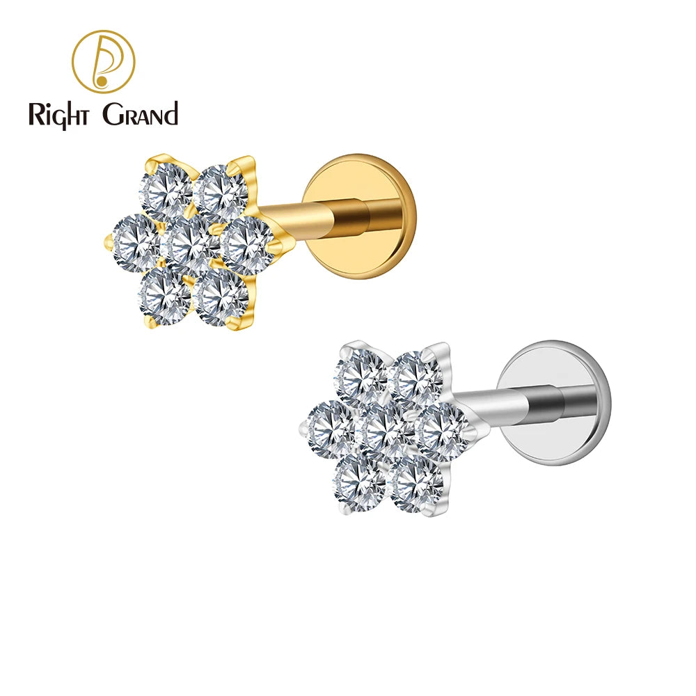 Right Grand ASTM F136 Titanium 16G Tiny Flower CZ Stud Earring Tragus Helix Rook Conch Labret Stud Flat back Cartilage Piercing