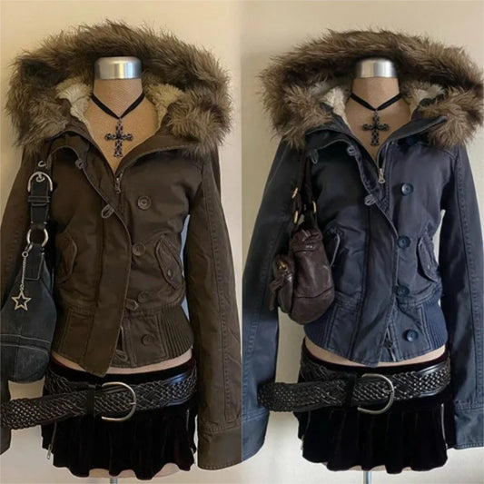American Vintage Slim Jackets with Hooded Women Casual 2025 Winter Safari Coats Retro Clothing Button Warm Tops Elegant Hooded