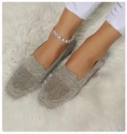 2024 Solid Color Square Toe Mesh Loafers Shallow Women Flats Shoes Soft Bottom Knit Ballet Flats Shoes Casual Slip on Boat Shoes