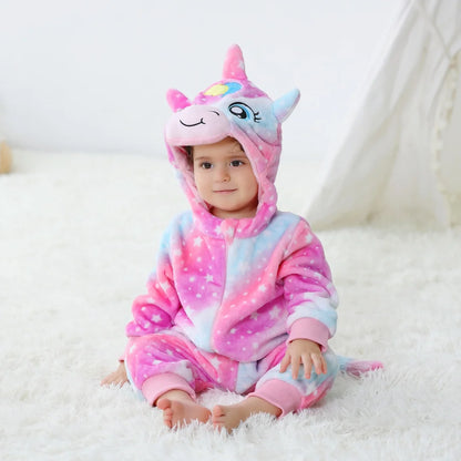 Unicorn Baby Jumpsuits with Hat Flannel Toddler Rompers for Boys Girls Long Sleeves Onesies Soft Breathable One-Piece Pajamas