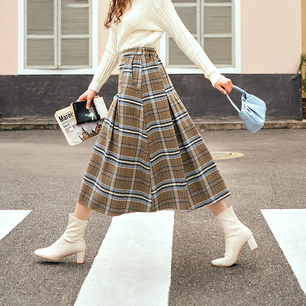 OLrain Women's Plaid Pleated Skirts Autumn 2026 French Style A-line Vintage Spliced Wool Blend High-waist Midi Skirt O23DB89110