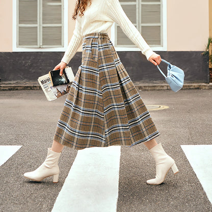 OLrain Women's Plaid Pleated Skirts Autumn 2026 French Style A-line Vintage Spliced Wool Blend High-waist Midi Skirt O23DB89110
