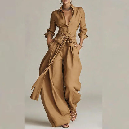 Sexy Single Breasted Lapel Top & Long Pants Sets Woman Casual Solid High Waist Lace-up Outfit Spring Long Sleeve Two Piece Suits