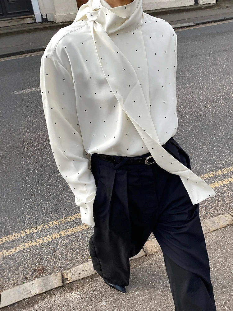 Elegant Women's Polka Dot Scarf Neck Blouses Long Sleeve Loose Shirts 2026 New Casual Commute Office Lady Tops White Black Brown