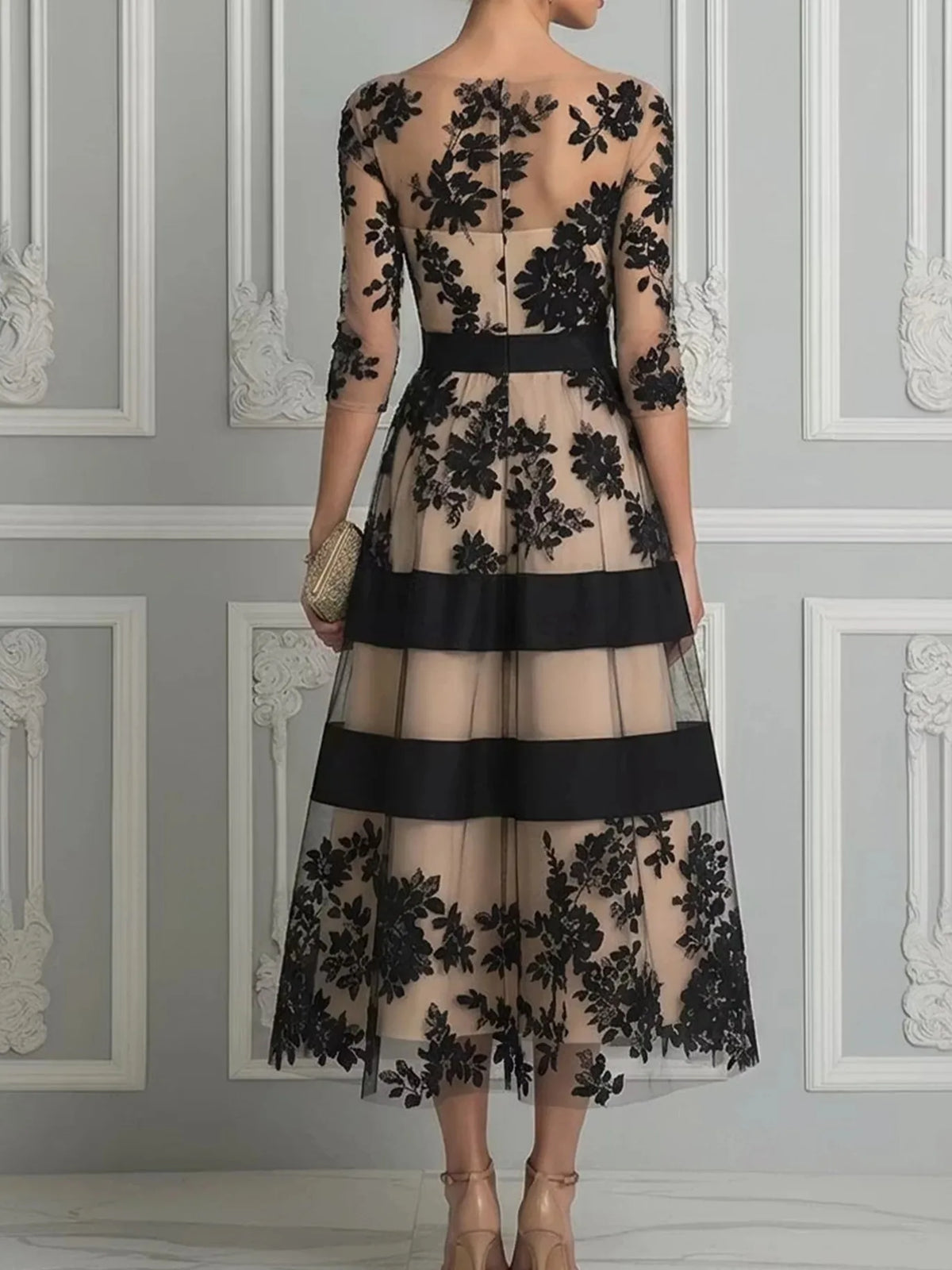 Elegant Women Midi Evening Dress O‑Neck 3/4 Sleeve Black Floral Flocking Tulle Mesh A‑Line Cocktail Party Formal Prom Dresses