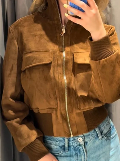 Women's Cropped Bomber Jacket Stand Collar Zipper Patch Pocket Rib Trim Long Sleeve Short Coat Vintage 2026 Autumn Casual Outfit