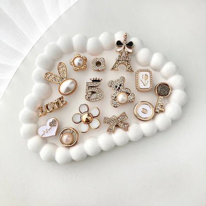 14PCS Sparkling Rhinestone & Faux Pearl Shoe Charms Pins Set, DIY Detachable Decor for CROCS Clogs