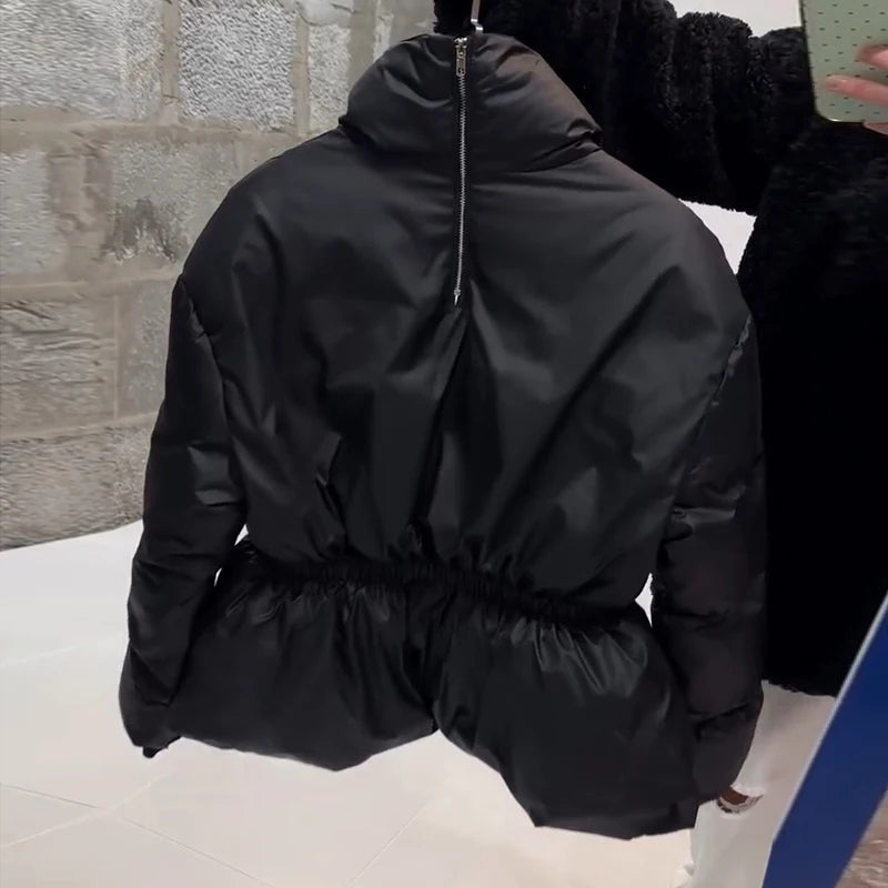 Casual Women's Waist Cinched Padded Cotton Coats Stand Collar Zipper Full Sleeve Coat 2026 Autumn Winter Lady Down Jacket New