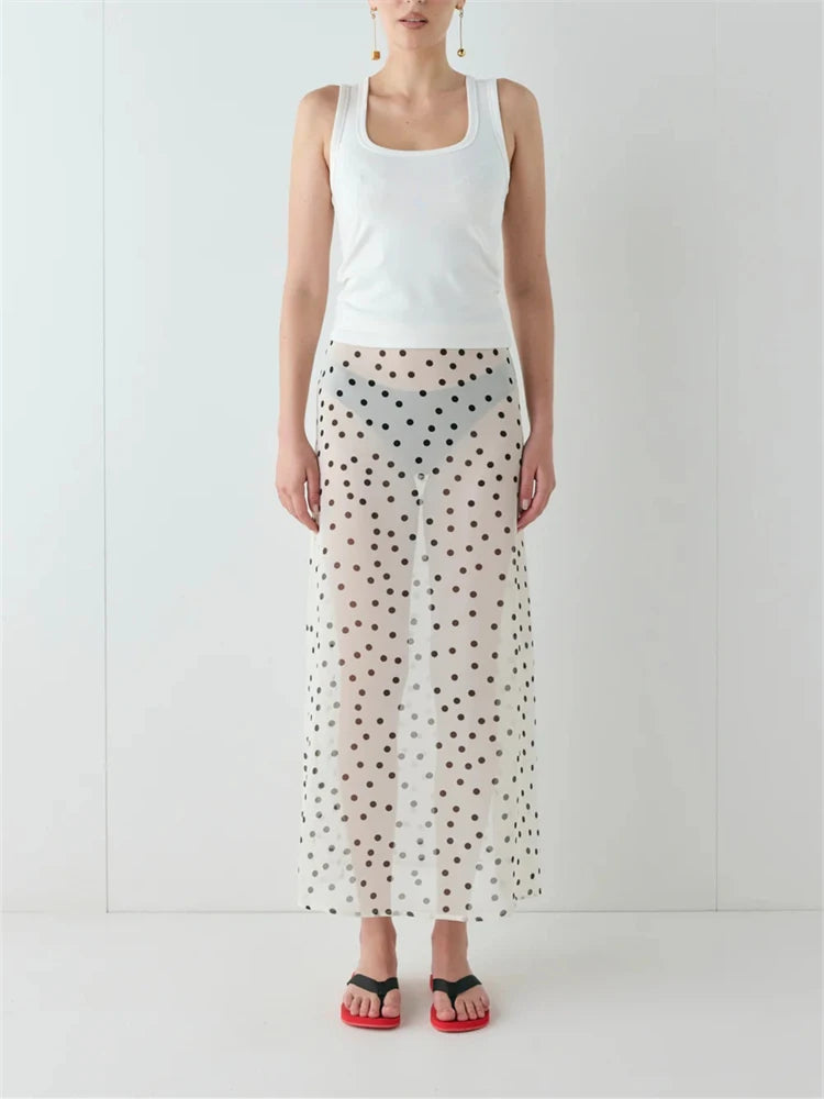 Women Summer Midi Skirts Elegant Dots Print Sheer Long Skirt for Beach Vacation Club Streetwear