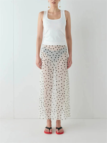 Women Summer Midi Skirts Elegant Dots Print Sheer Long Skirt for Beach Vacation Club Streetwear