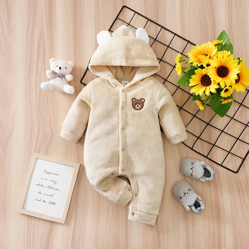 Newborn Baby Romper Winter Flannel Beige bear Hooded ears long sleeve Unisex Baby Pajamas 0-18 months Comfort Clothes