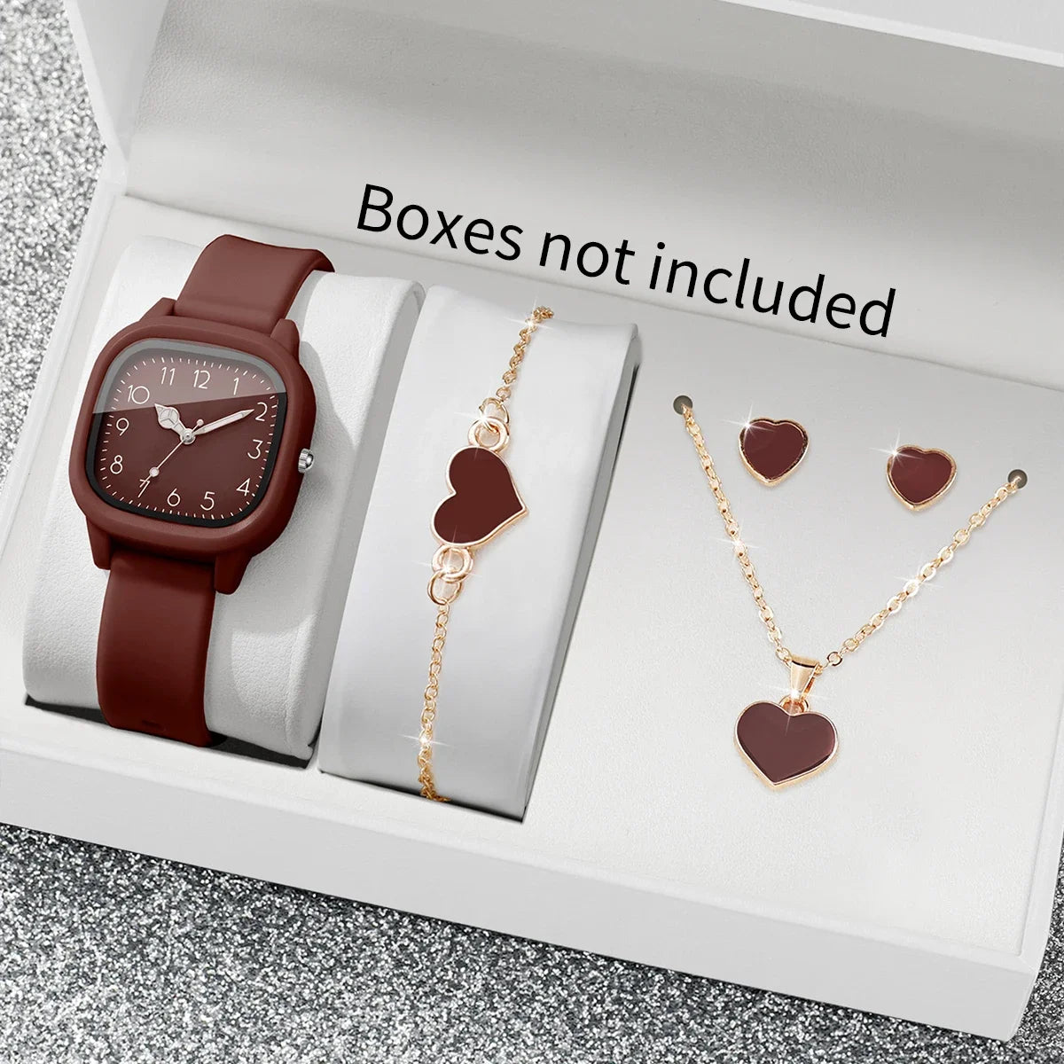 5PCS Fashion Square Women Watch Heart Jewelry Set Casual Silicone Strap Ladies Dress Wristwatches Relogio Feminino (Without Box)