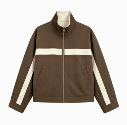 Beige Black Colorblock Zip Collar Crop Women Jacket Sporty Lapel Loose Outerwear Spring Autumn Daily Street Dating Outfit Coat
