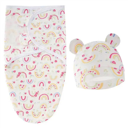 Baby Blanket Hat Set Cartoon Printed Cotton Newborn Swaddle Adjustable Infant Sleeping Swaddle Wraps All Seasons 0-6 Months