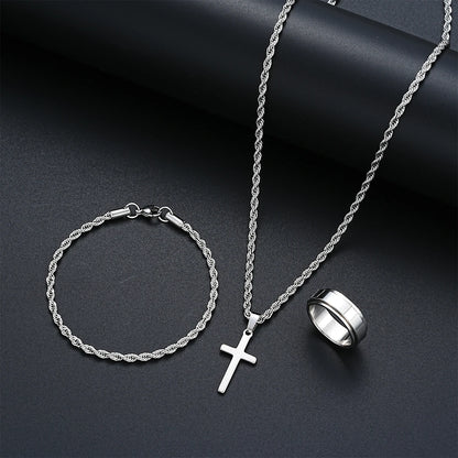 Stainless Steel Simple Jewelry Set For Men Women Fashion Silver Color Cross Pendant Twisted Rope Necklace Bracelets Ring Gifts