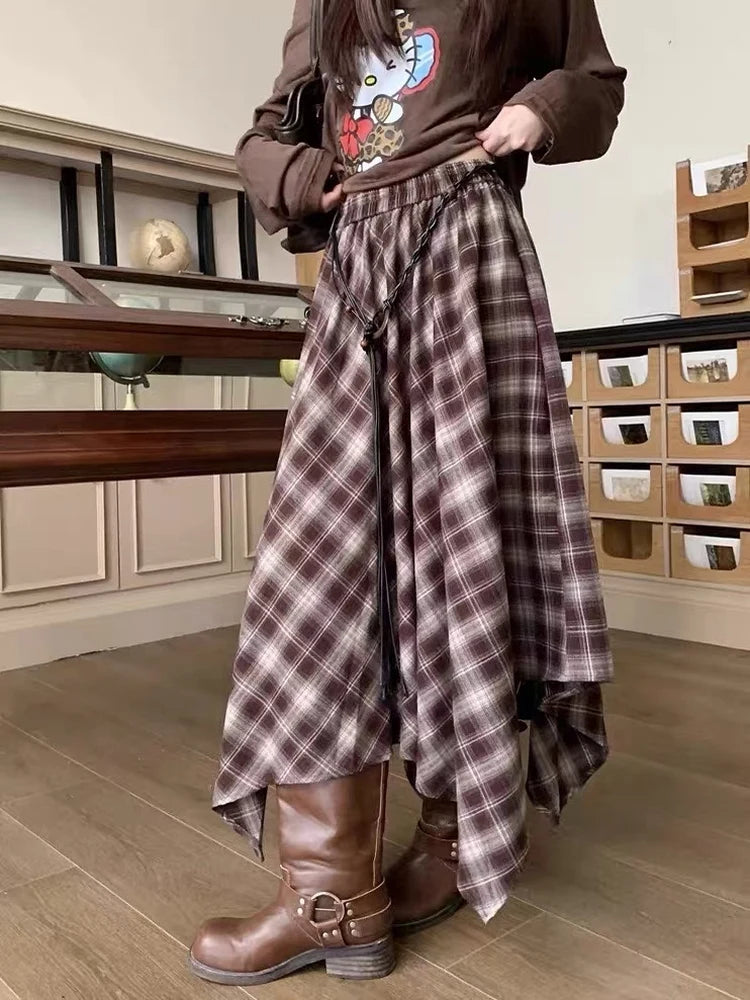 Fashionable Retro Plaid Asymmetrical High Waist Midi Skirt Women's Autumn Winter New Belted Full A-Line Skirt Long Skirt