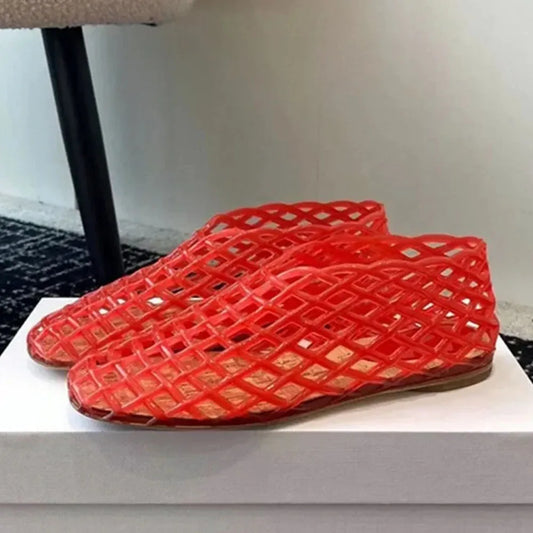 Design Mesh Jelly Shoes Hollow Round Toe Beach Shoes Comfy Fashion Transparent Sandals Women Summer New Weave Flat Jellies Shoes