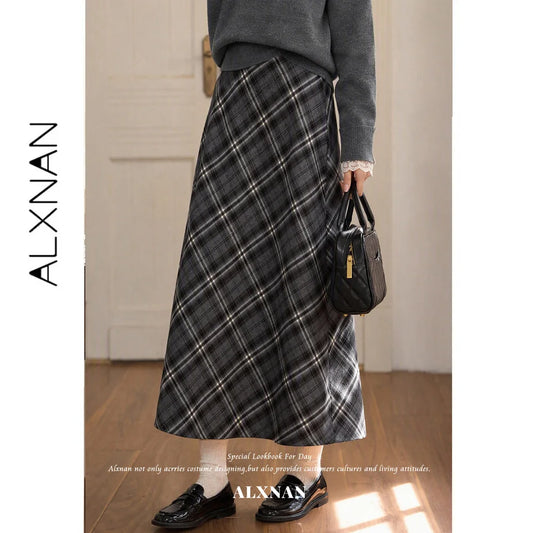 ALXNAN Gray Plaid Skirt Women 2026 Fall Elastic High Waist Long A-line Hem Skirts French Elegant Ladies Clothing DYL662980