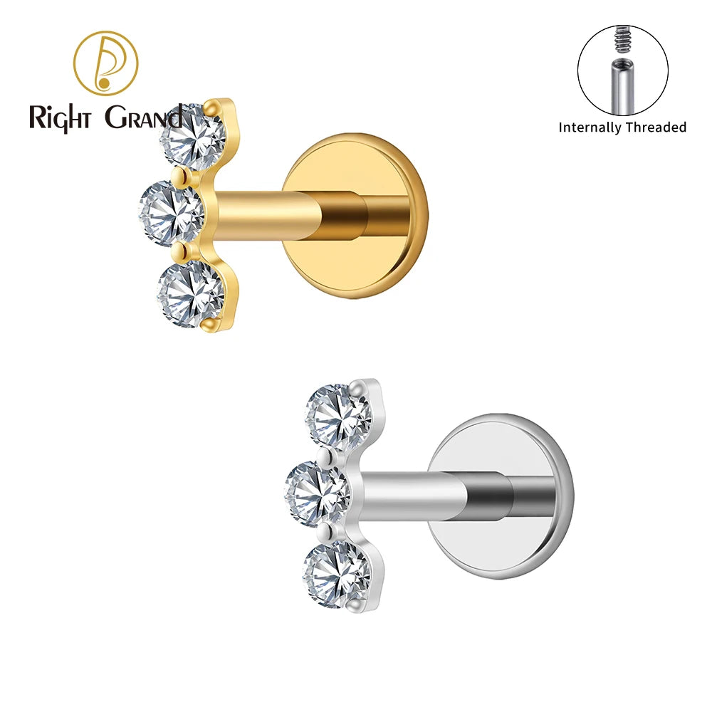 Right Grand ASTM F136 Titanium Triple CZ Helix Tragus Flat Back Earring 16G Dainty Ear Climber Cartilage Stud Piercing Jewelry