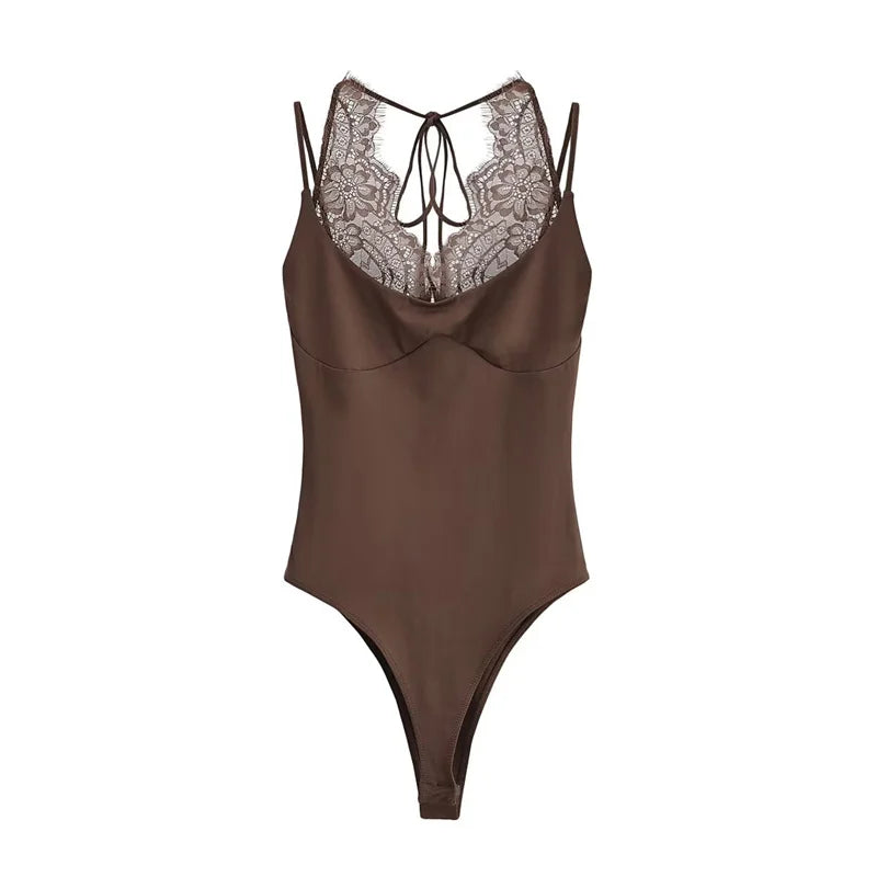 Women's Bodysuit 2026 New Fashion Spring Summer Brown Spliced Lace Bodysuit for Women Chic Personality Spaghetti Strap Bodysuit