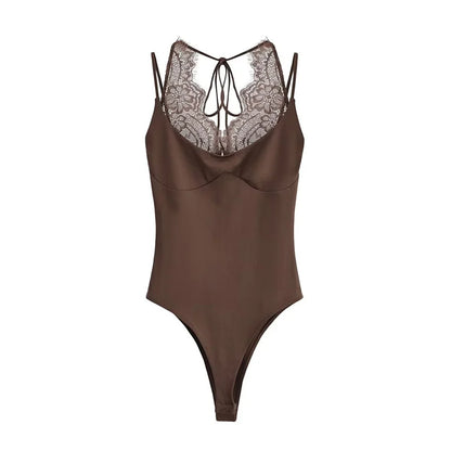 Women's Bodysuit 2026 New Fashion Spring Summer Brown Spliced Lace Bodysuit for Women Chic Personality Spaghetti Strap Bodysuit