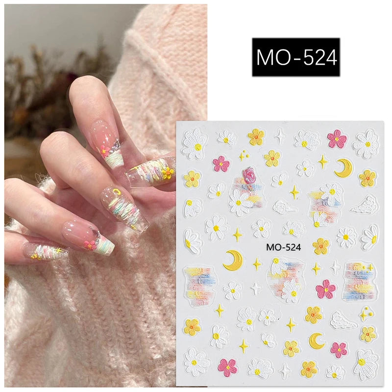 5D Embossed Nail Art Decals Elegant Petals Florals Daisy Flowers Leaves Adhesive Sliders Stickers For Manicure Tips Decoration