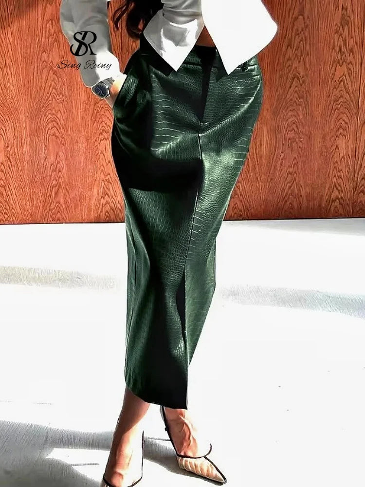 SINGREINY Faux Crocodile Grain Leather Split Skirts Autumn Women Fashion Straight Minimalist American Retro Green Long Skrits