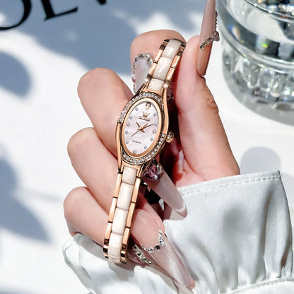 OLEVS Brand New Quartz Watch for Woman Elegant Luxury Ceramics Steel Strap Fashion Oval Diamond Dial Women's Waterproof Watches