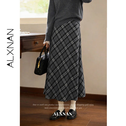 ALXNAN Gray Plaid Skirt Women 2026 Fall Elastic High Waist Long A-line Hem Skirts French Elegant Ladies Clothing DYL662980