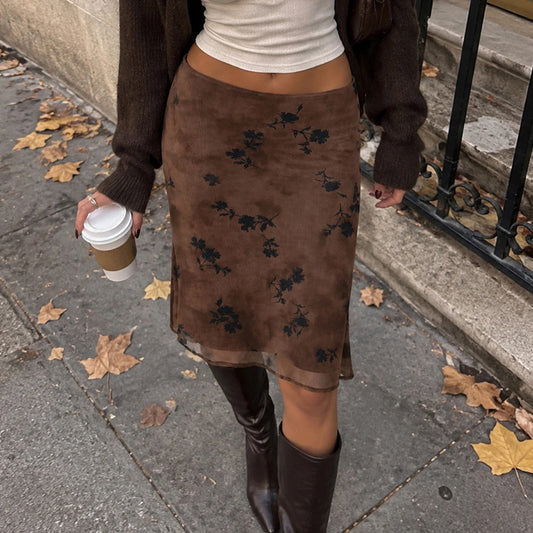 French Style Low Waist Floral Print Midi Skirt Women Mesh Patchwork Flared Hem Elegant Casual Skirt  Vintage Bottom For Ladies
