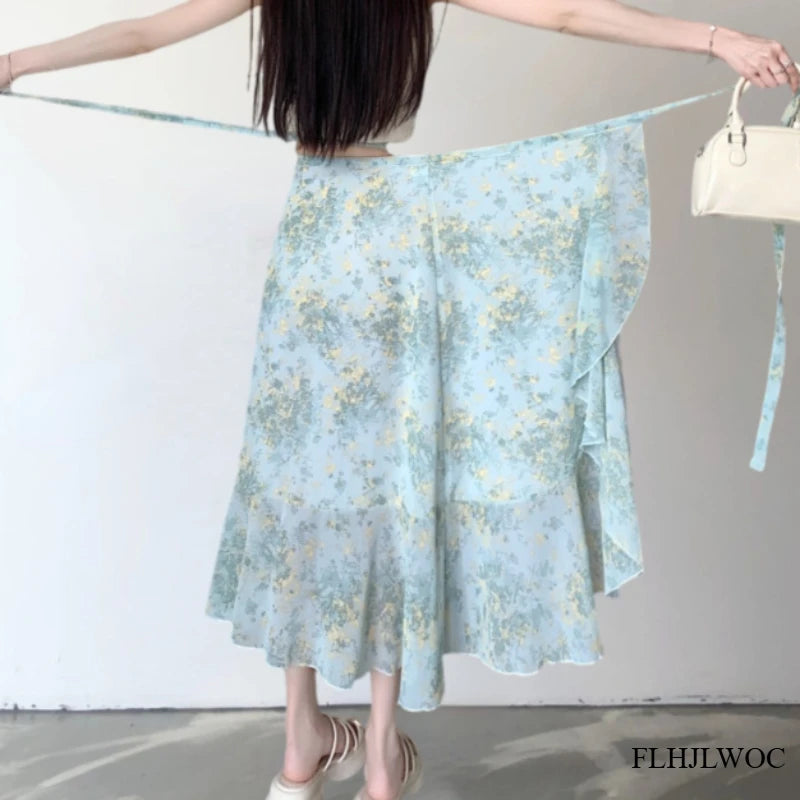 2025 Chic Korea Clothes Summer Women Cute Sweet GIrl Floral Robe Holiday Date High Waist Retro Vintage One-Piece Lace-Up Skirts