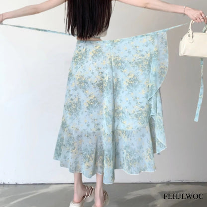 2025 Chic Korea Clothes Summer Women Cute Sweet GIrl Floral Robe Holiday Date High Waist Retro Vintage One-Piece Lace-Up Skirts