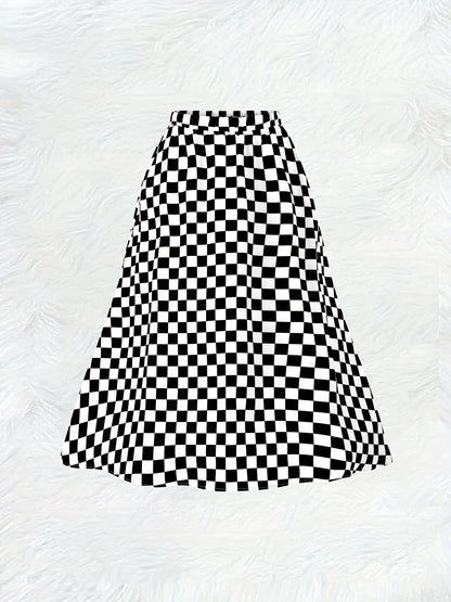Printed Design Four Seasons Black and White Chessboard Pattern Casual Style Half Skirt