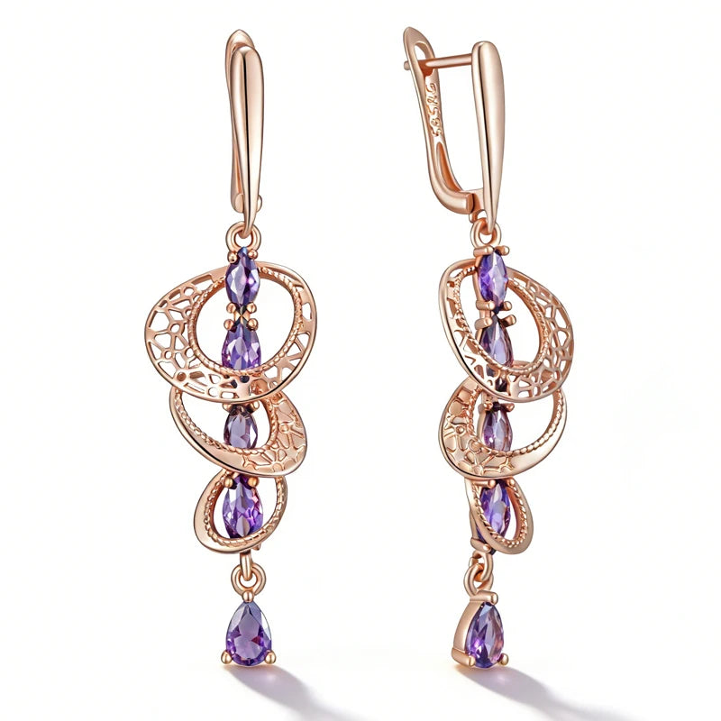Kinel Hot Shiny Purple Natural Zircon Drop Earrings For Women Trend 585 Rose Gold Color Bride Wedding Fine Jewelry Crystal Gift