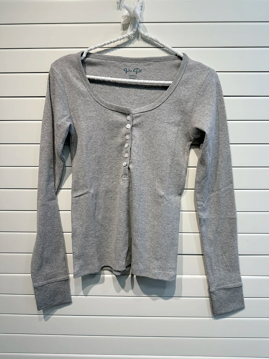 Retro White Ribbed Button T-shirts Women Spring Cotton Round Neck Long Sleeve Tees Female Y2k Streetwear Casual T Shirt Tops